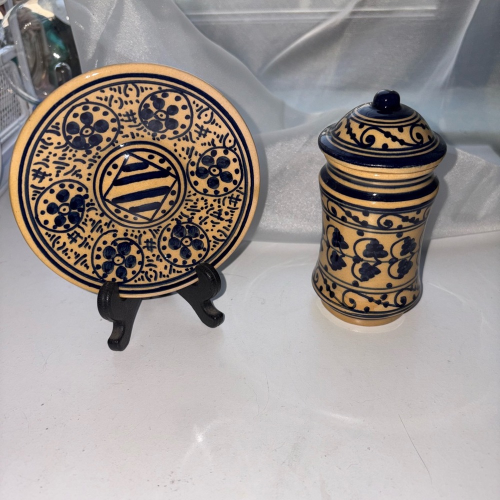Blue and Tan Ceramic Plate and Jar Set